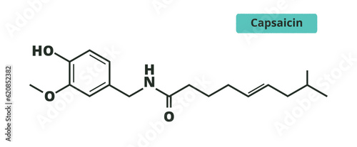 Capsaicin chemical formula. Chili peppers component. Skeletal formula.