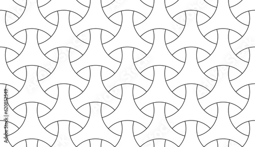 Seamless surface pattern design with traditional japanese ornament. Three pronged blocks tessellation. Repeated white interlocking figures on black background. Bishamon armor motif. Sashiko embroidery