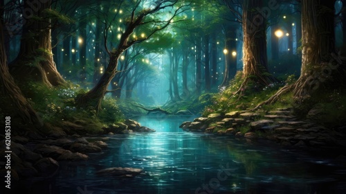 Sparkling rivers cascade through emerald forests  where mischievous fairies dance beneath moonlit skies. Generative AI