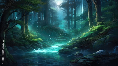 Sparkling rivers cascade through emerald forests  where mischievous fairies dance beneath moonlit skies. Generative AI