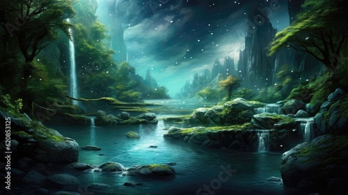 Sparkling rivers cascade through emerald forests, where mischievous fairies dance beneath moonlit skies. Generative AI