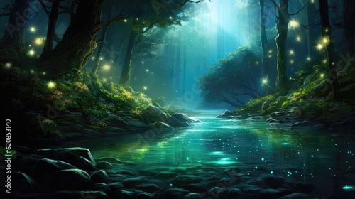 Sparkling rivers cascade through emerald forests, where mischievous fairies dance beneath moonlit skies. Generative AI © Kanisorn