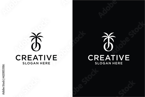Monogram o j with palm tree Logo design concept