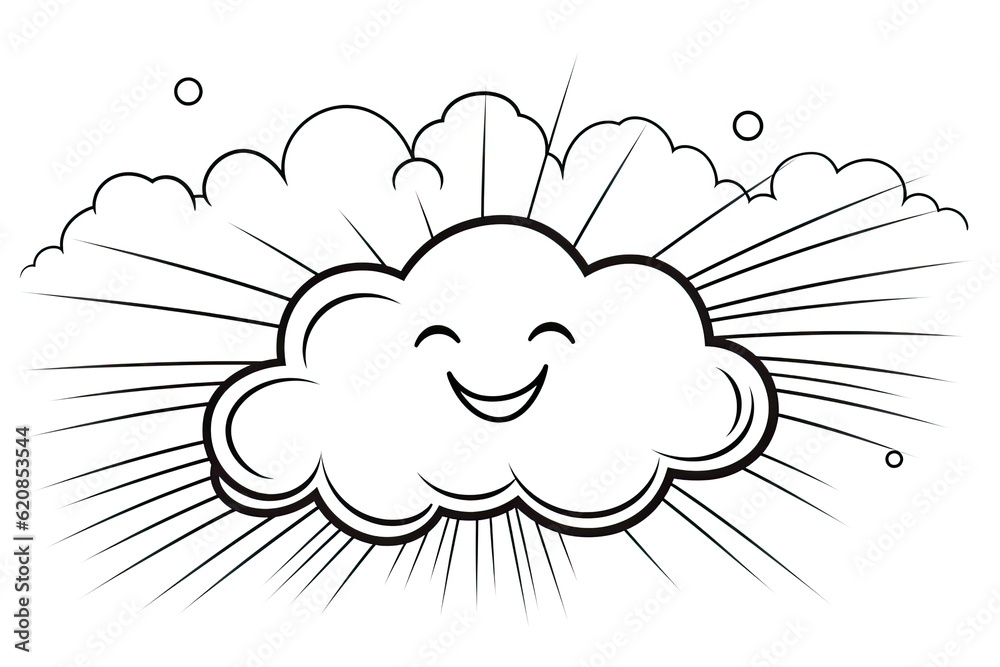 Colouring Page for Kids: Rainbow, Sun and Clouds. Simple Outline Drawing for Summer-themed Colouring Book Sheet: Generative AI
