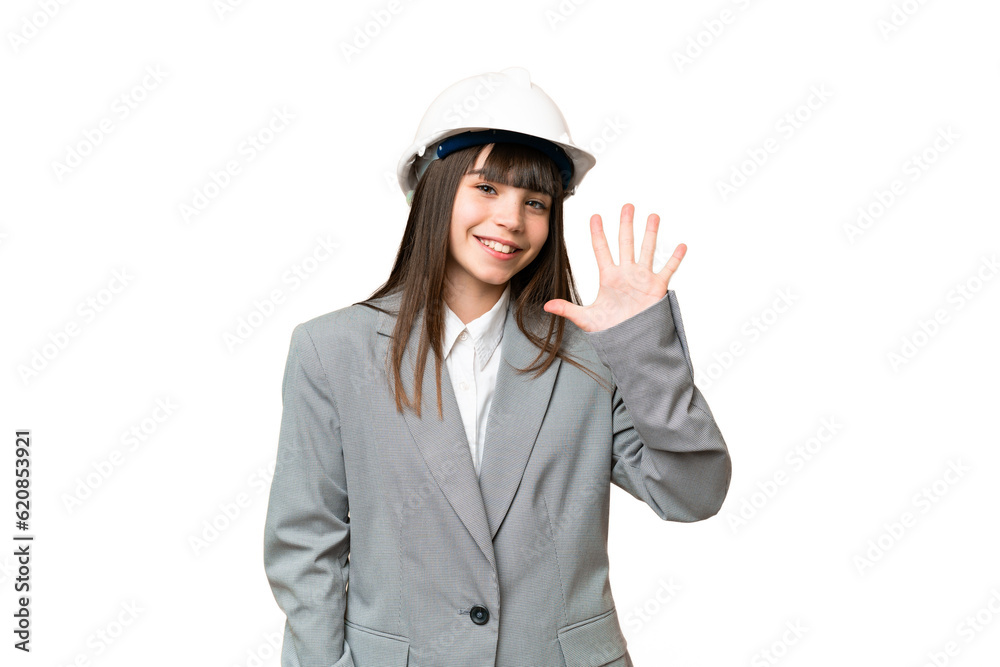 Little girl playing as a architect with helmet and holding blueprints over isolated background counting five with fingers Little girl playing as a architect with helmet and holding blueprints over isolated background counting five with fingers