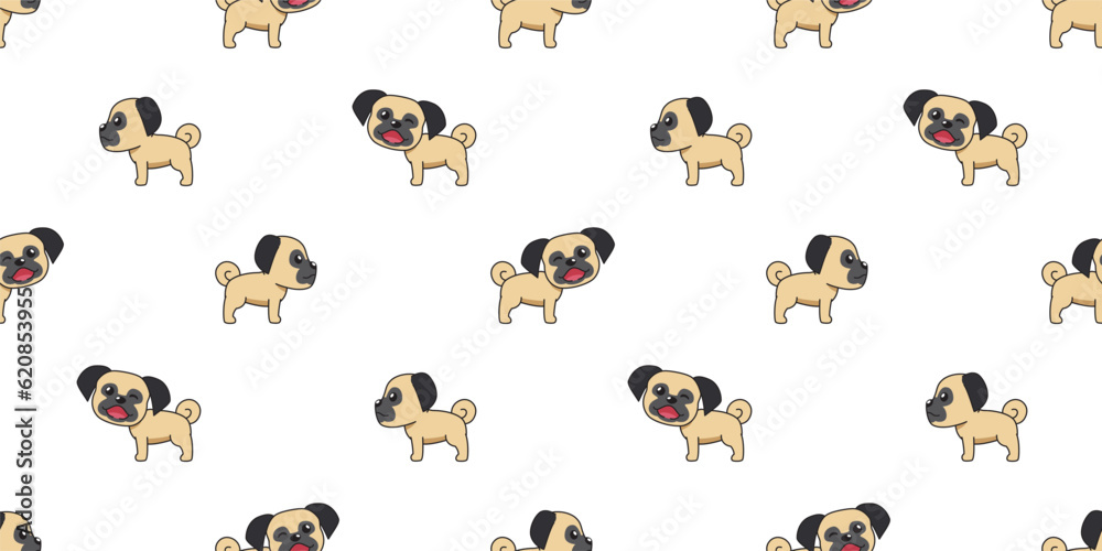 Vector cartoon cute pug dog seamless pattern background for design.