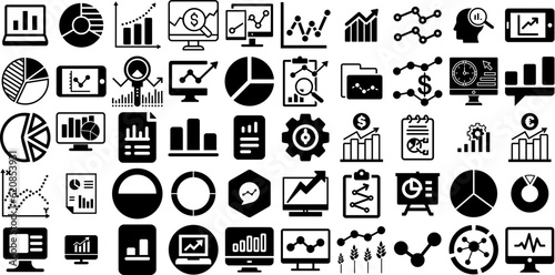 Mega Set Of Analytics Icons Collection In Trendy Solid Filled Isolated Style. Growth, Icon, Business, Graph, Analytics, Data, Chart Big Set Icons Collection Vector Illustration