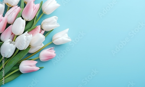 Top view photo of bouquet with copy space Mother's Day concept background. Generative AI.