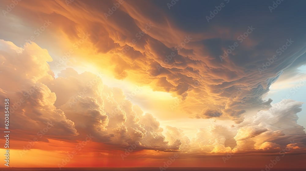 Dramatic Clouds in Evening Panorama Sky. Yellow and Orange Sunset Clouds as Beautiful Nature Background: Generative AI