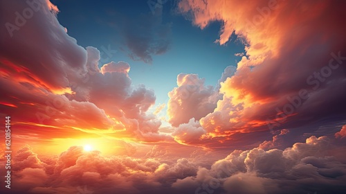 Dramatic Cloud Panorama in the Evening Sky - Captivating Sunset Yellow and Orange Cloudscape in Nature Background: Generative AI © Serhii