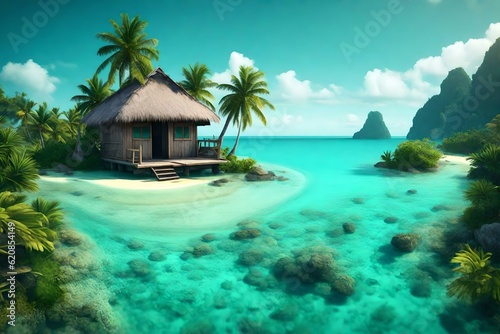 Tiny tropical island with hut and palms surrounded sea blue water