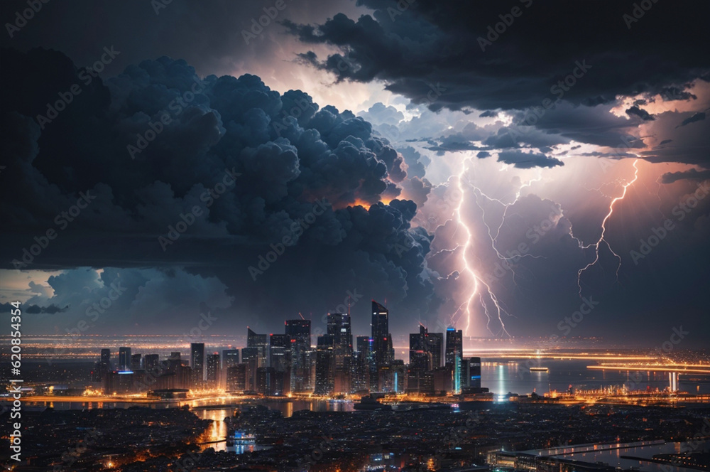 A lightning storm hits over the city in white light.

