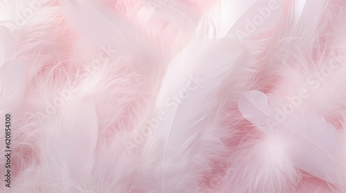 Feather Background - Soft and Light Pastel Tinted White Feathers Randomly Scattered to Form Fluffy and Airy White Background Fading into White. Generative AI