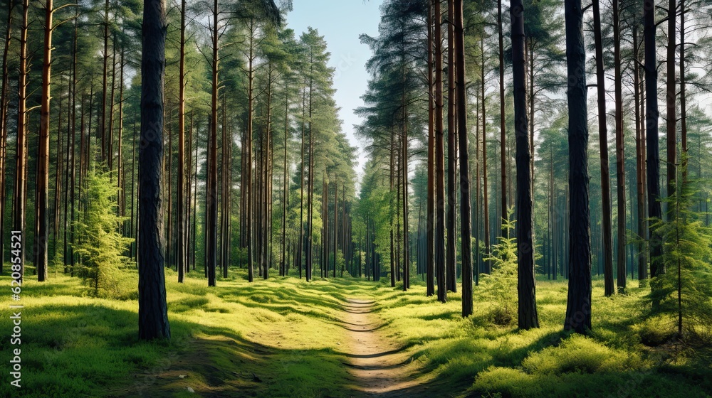 Obraz premium Forest Panorama in Estonia: A Summer Hiking Trail through Dense Pine Trees and Green Preserve: Generative AI