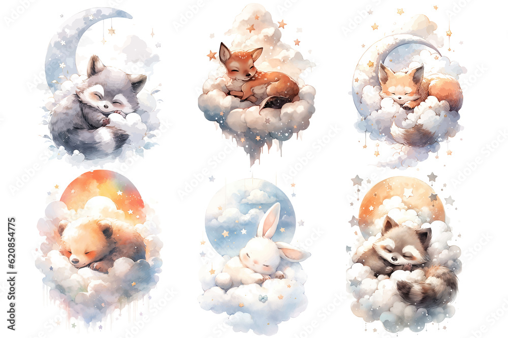 Fototapeta Set of cute baby woodland animals deer, rabbit, bear, fox, raccoon sleeping on a cloud Illustration isolated drawings by hand. Perfect for nursery poster.