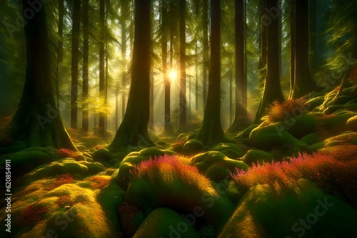 rays of soft golden sunlight filtering through the tall  majestic trees  casting a magical glow on the forest floor