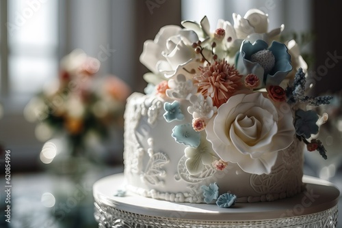 Beautiful white,cream baptism, wedding, birthday celebration cake decorated with white  sugar mastic flowers. Beautiful delicious  cake in a restaurant.  