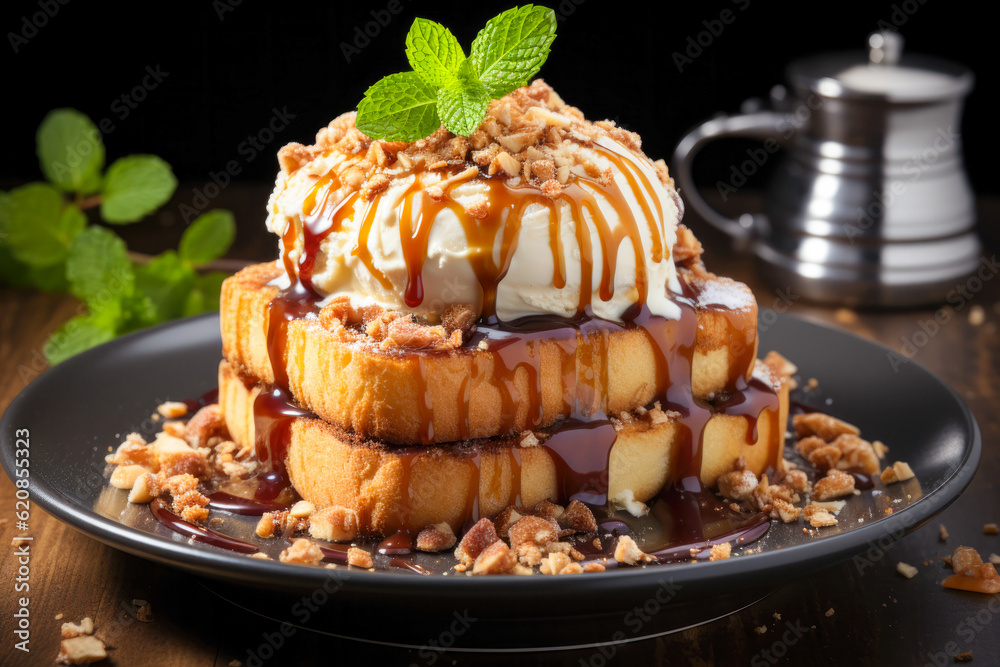 Plate of crumble hunny toast dessert serving with ice cream, white chef in background, kitchen , Generative Ai