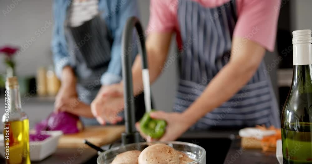 Midsection of diverse couple in aprons preparing vegetables and talking in kitchen, slow motion Midsection of diverse couple in aprons preparing vegetables and talking in kitchen, slow motion