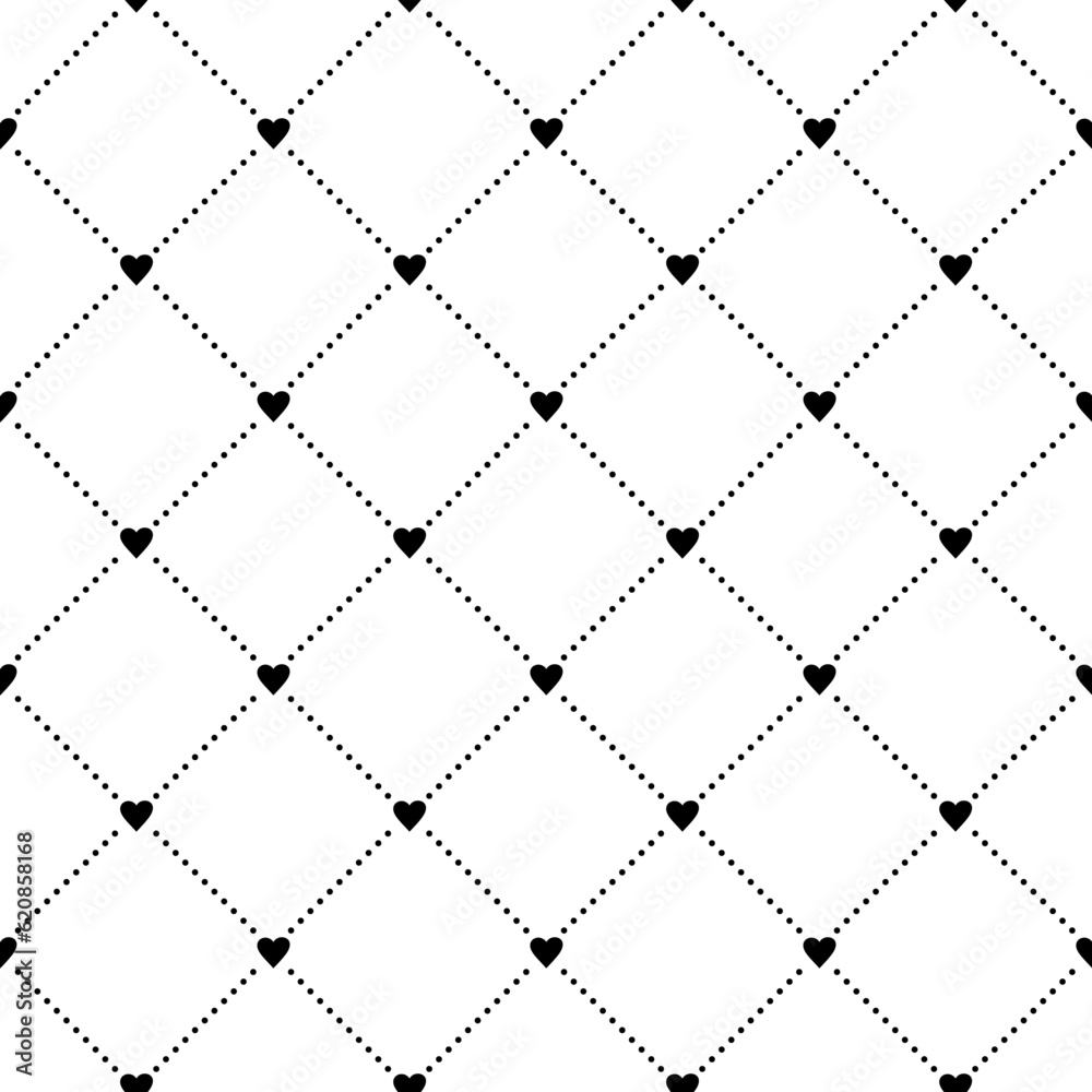 Geometric grid seamless pattern with dots and heart shapes. Monochrome abstract vector texture. Geometric grid seamless pattern with dots and heart shapes. Monochrome abstract vector texture.