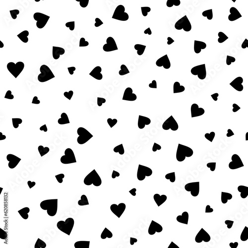 Geometric seamless pattern. Monochrome  abstract vector texture with scattered heart shapes