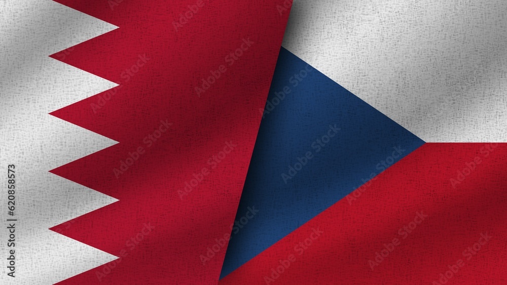 Czech Republic and Bahrain Realistic Two Flags Together, 3D Illustration