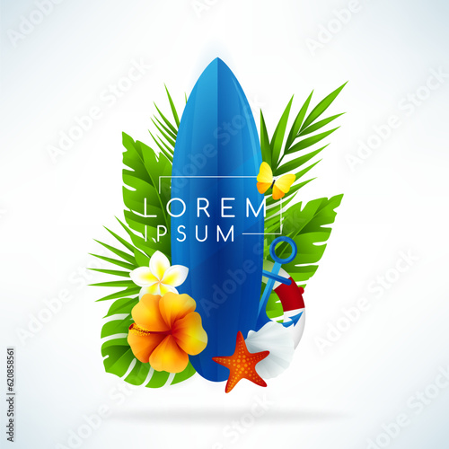Beach holiday concept. Tropical summer design. Banner with serf board