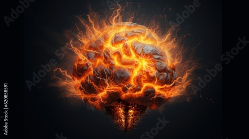 A human brain burning out, engulfed in flames, breaks into pieces © MaVeRa