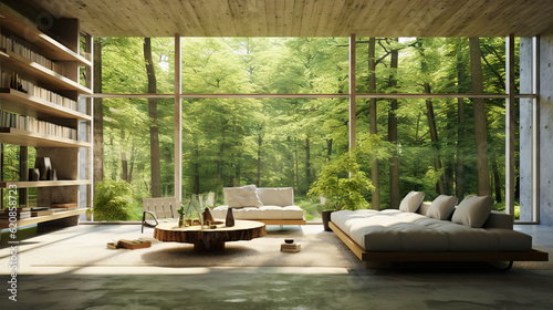 Modern room in house surrounded with forest. Large windows  organic architecture. Generative AI