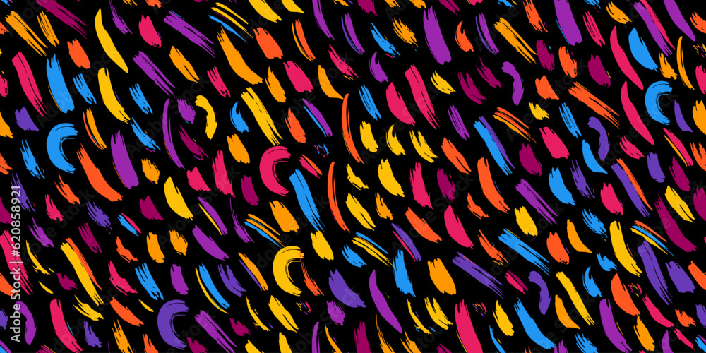 Fabric seamless illustration. Vector pattern with hand drawn elements. Colorful paint brush strocks on the dark background.