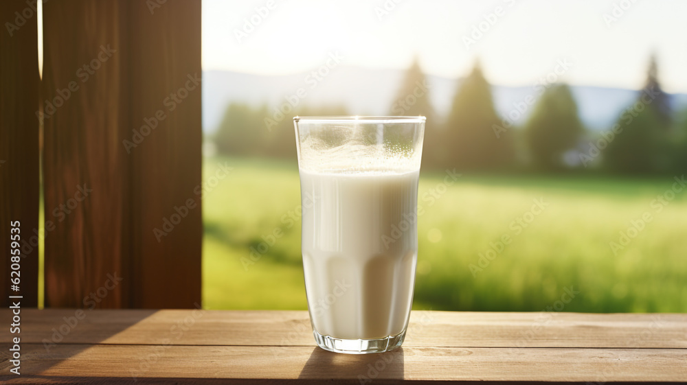 A glass of milk with cows background A glass of milk with cows background