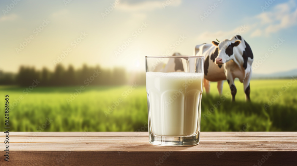 A glass of milk with cows background A glass of milk with cows background