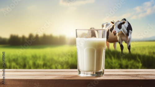 Photographie A glass of milk with cows background