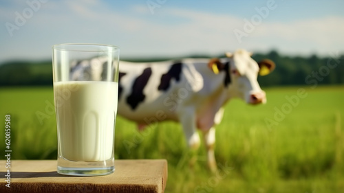 A glass of milk with cows background