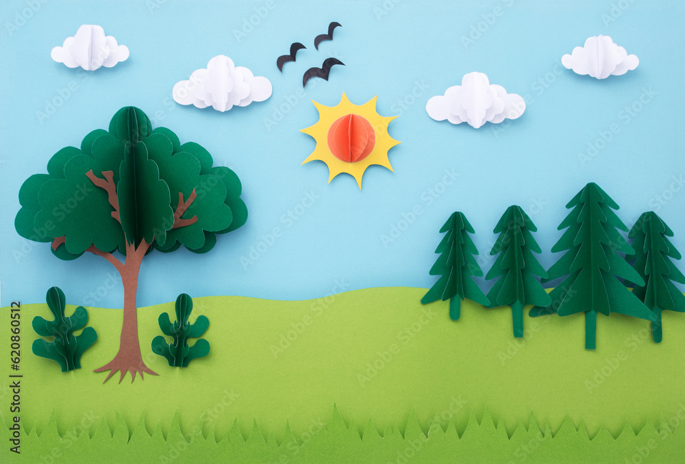 Paper art landscape background. blue sky with cloud and tree made of paper cut. summer concept.