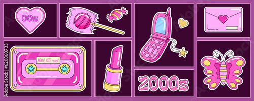 Trendy Y2K group of nostalgic retro objects, 2000s mobile phone, audio cassette, sweet and lollipop, lipstick, hearts and butterfly. photo