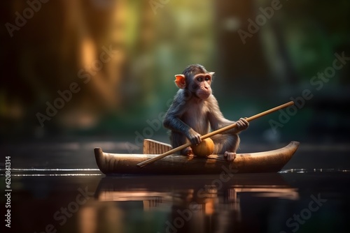 Canvas Print a monkey rowing a canoe