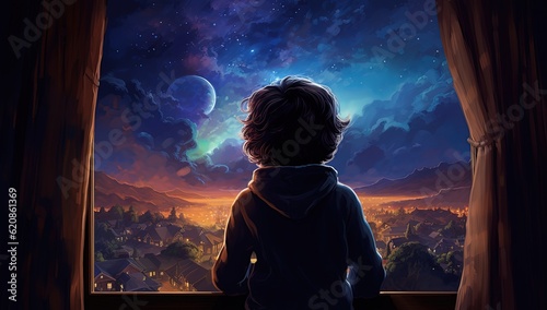 a kid watching out at big window open to galaxy sky, midnight time, idea for imagination and dream concept, Generative Ai