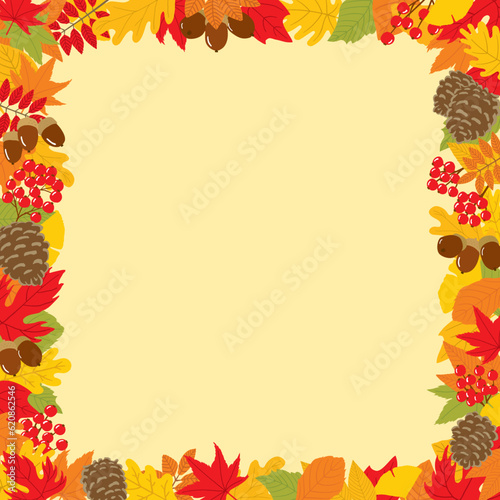 秋の葉っぱと木の実でできたバナーフレーム 300×300