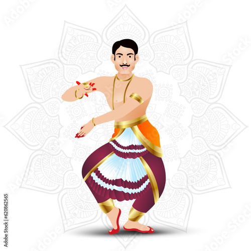 Vector design of a man performing the national Indian Bharatanatyam folk dance with wearing traditional cloth.