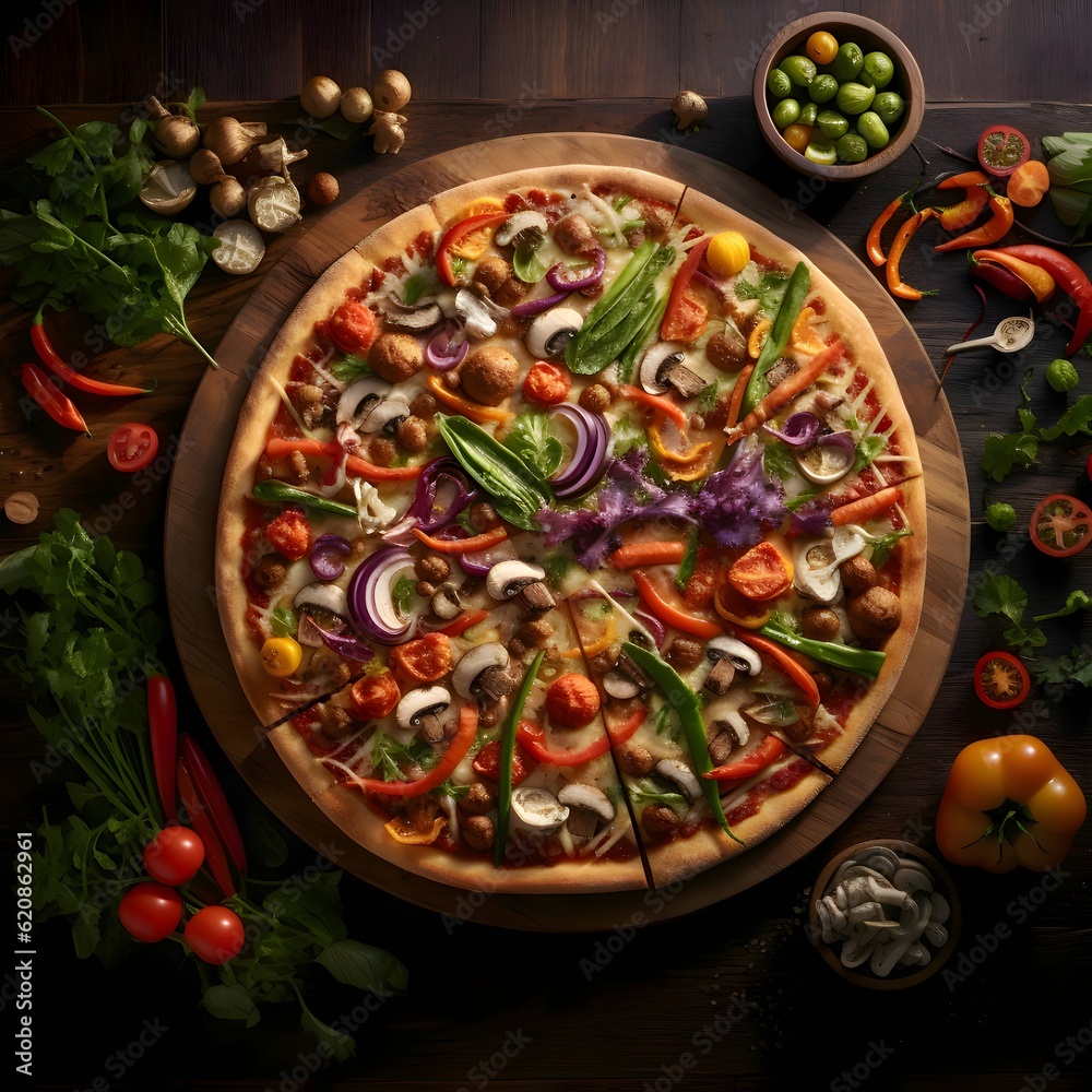 Photo of pizza on wooden board and table, top view