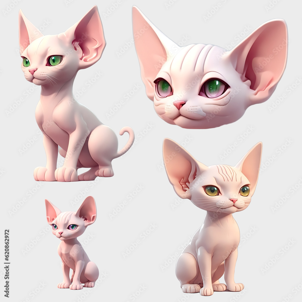 set of cats, Sphynx Cat,3D illustrations, and transparent backgrounds.