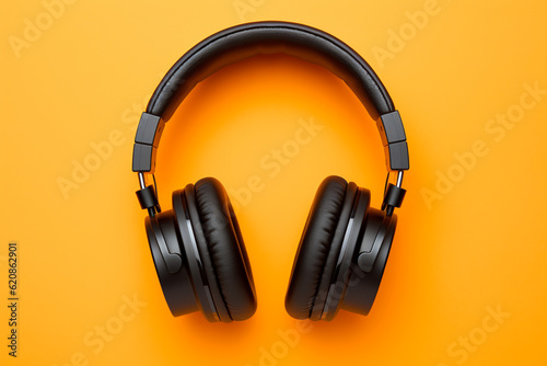 Retro old-fashioned black headphones on vibrant orange background. Flat lay top down view.ai generative