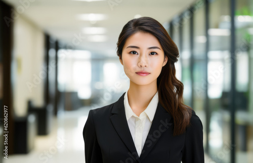 Close up of a Japanese businesswoman with her workspace on the background. Generative AI