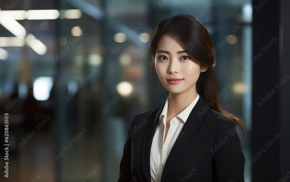 Close up of a Japanese businesswoman with her workspace on the background. Generative AI Close up of a Japanese businesswoman with her workspace on the background. Generative AI