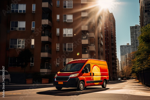 Vibrant Delivery Van Parked in Front of Modern Apartment Building. Generative AI. © Dangubic