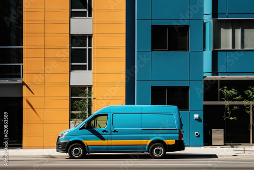 Vibrant Delivery Van Parked in Front of Modern Apartment Building. Generative AI. © Dangubic