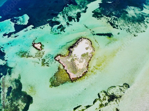 Vue aérienne d'une ile et ses coraux en Australie