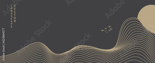 Vector abstract art landscape mountain with birds and sunrise sunset by golden line art texture isolated on dark grey black background. Minimal luxury style for wallpaper, wall art decoration.