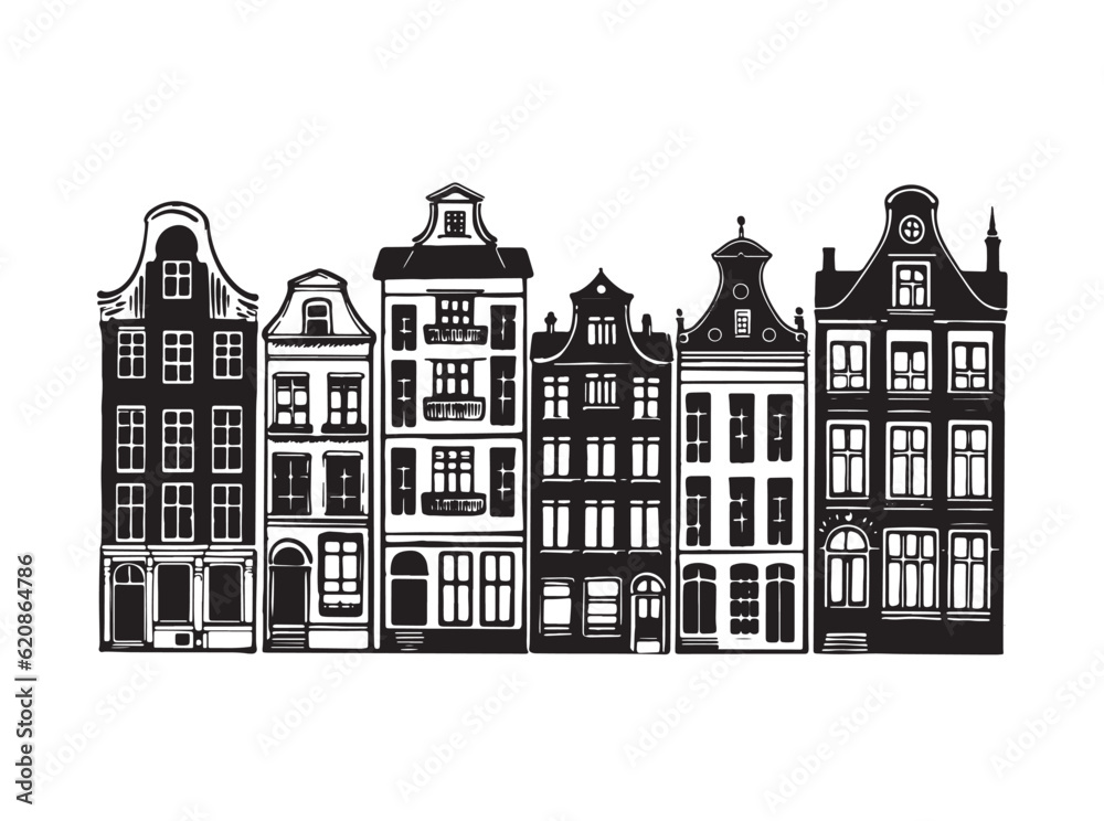 Houses facades in a row, Amsterdam hand drawn illustration.